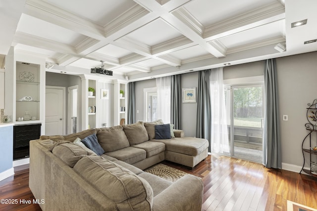 604 Lanvale Hills Cir, Leland, NC 28451 - living area with beam ceiling, dark wood-style floors, ornamental molding, and coffered ceiling