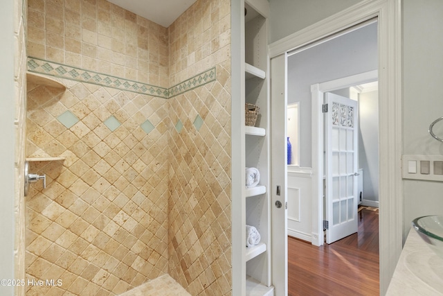 604 Lanvale Hills Cir, Leland, NC 28451 - bathroom with wood finished floors and tiled shower