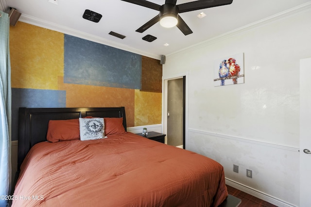 604 Lanvale Hills Cir, Leland, NC 28451 - bedroom with wood finished floors, visible vents, ornamental molding, baseboards, and ceiling fan