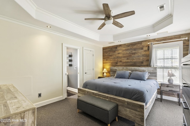 604 Lanvale Hills Cir, Leland, NC 28451 - carpeted bedroom with ornamental molding, visible vents, and a raised ceiling