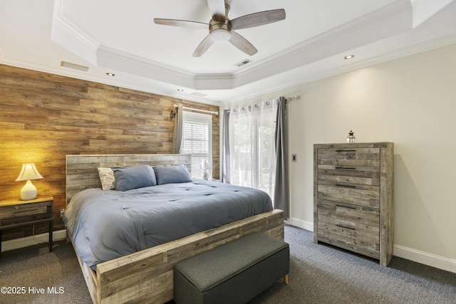 604 Lanvale Hills Cir, Leland, NC 28451 - bedroom featuring carpet floors, a tray ceiling, ornamental molding, access to exterior, and visible vents