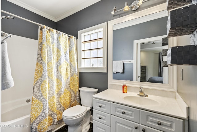604 Lanvale Hills Cir, Leland, NC 28451 - ensuite bathroom with toilet, shower / tub combo with curtain, vanity, connected bathroom, and ornamental molding