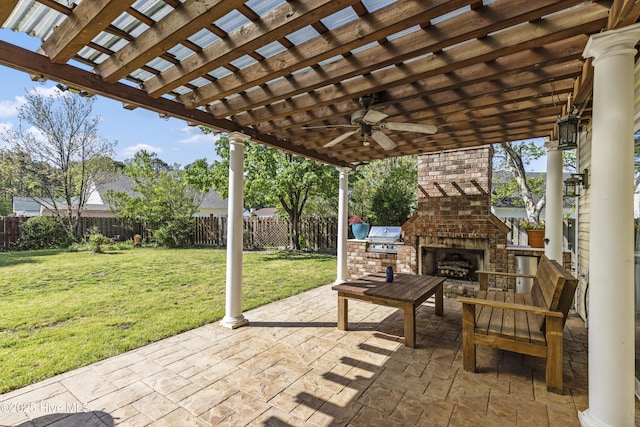 604 Lanvale Hills Cir, Leland, NC 28451 - view of patio / terrace featuring a pergola, a ceiling fan, area for grilling, and a fenced backyard