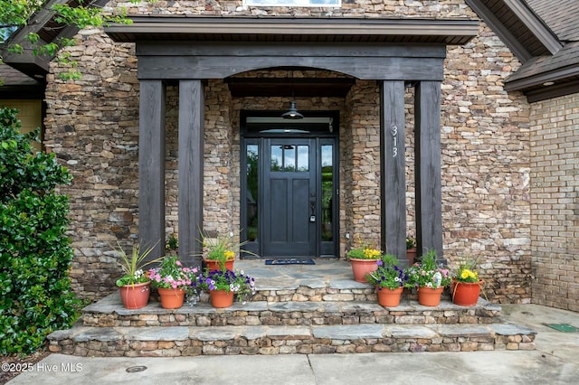 property entrance featuring stone siding