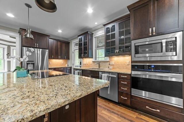 kitchen featuring light stone countertops, dark brown cabinets, wood finished floors, a sink, and stainless steel appliances