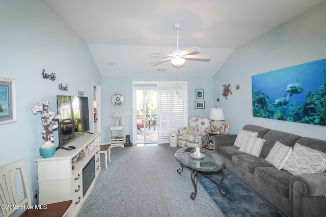 4238 Cherry Laurel Ln SE, Southport, NC 28461 - carpeted living room with lofted ceiling and a ceiling fan