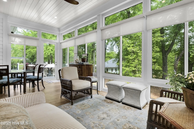 3722 White Cliffs Dr, Castle Hayne, NC 28429 - sunroom with a ceiling fan, wood finished floors, outdoor dining space, and wooden ceiling