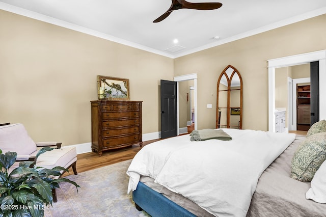 3722 White Cliffs Dr, Castle Hayne, NC 28429 - bedroom with light wood finished floors, ornamental molding, baseboards, and ceiling fan