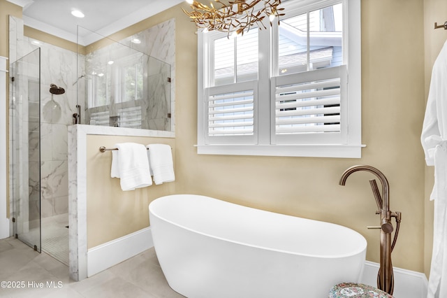 3722 White Cliffs Dr, Castle Hayne, NC 28429 - full bathroom featuring a chandelier, a marble finish shower, and a freestanding tub