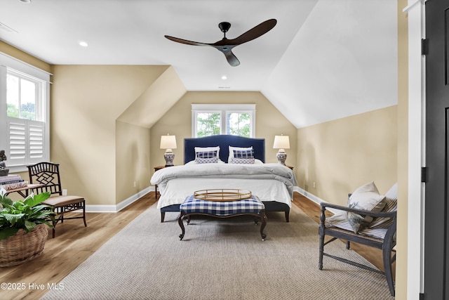 3722 White Cliffs Dr, Castle Hayne, NC 28429 - bedroom featuring wood finished floors, baseboards, lofted ceiling, a ceiling fan, and recessed lighting