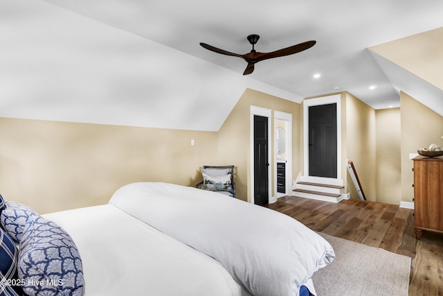 3722 White Cliffs Dr, Castle Hayne, NC 28429 - bedroom with wood finished floors, recessed lighting, vaulted ceiling, ceiling fan, and baseboards