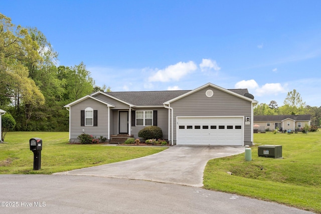 ranch-style house with an attached garage, a front lawn, and driveway