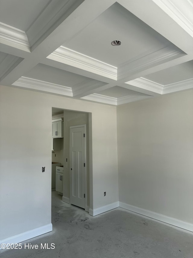 312 River Oats Ct, Holly Ridge, NC 28445 - unfurnished room with baseboards, ornamental molding, beamed ceiling, and coffered ceiling