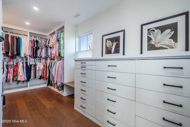 spacious closet with dark wood-type flooring and visible vents
