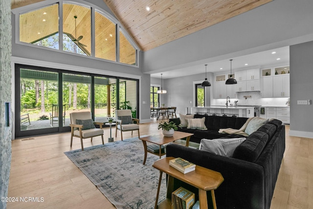 living area with light wood-style flooring, baseboards, recessed lighting, wood ceiling, and high vaulted ceiling