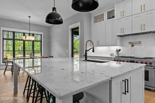 kitchen featuring a sink, decorative backsplash, an island with sink, premium range, and under cabinet range hood
