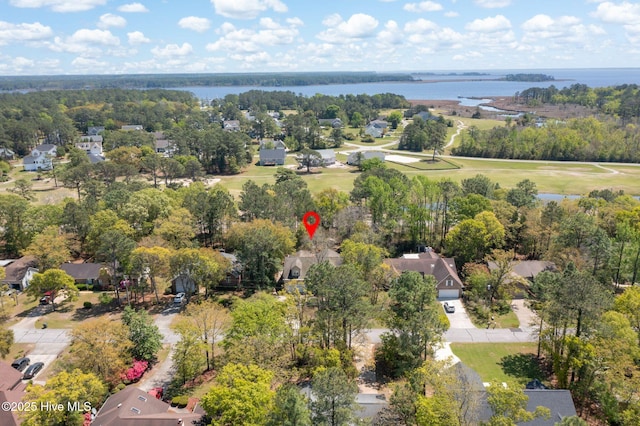 6321 Albatross Dr, New Bern, NC 28560 - aerial view of residential area with a large body of water, a golf course, and a tree filled landscape