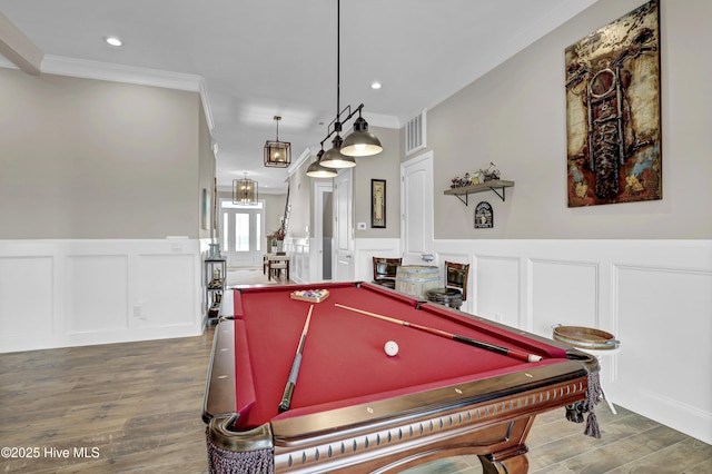 1519 New River Inlet Rd, North Topsail Beach, NC 28460 - recreation room featuring ornamental molding, a wainscoted wall, billiards, and light wood-style flooring