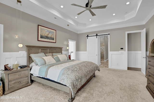 1519 New River Inlet Rd, North Topsail Beach, NC 28460 - bedroom featuring ornamental molding, a tray ceiling, access to outside, and light carpet