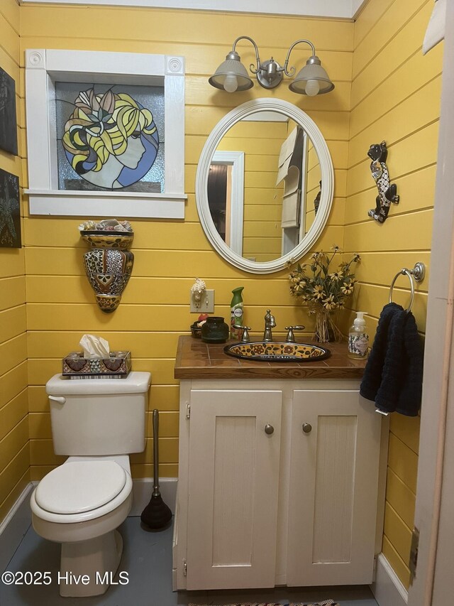 42 Brite Ln, Oriental, NC 28571 - bathroom featuring wooden walls, vanity, and toilet
