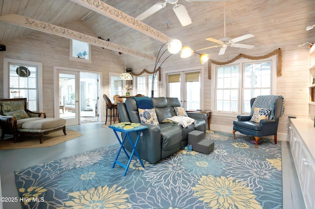42 Brite Ln, Oriental, NC 28571 - living area featuring wooden walls, wooden ceiling, and ceiling fan