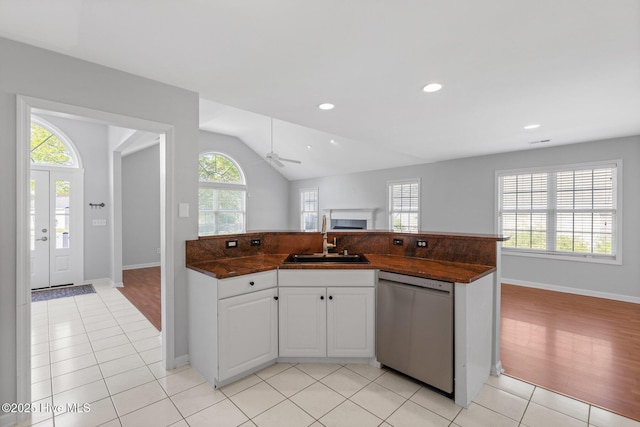 kitchen featuring a fireplace, white cabinetry, ceiling fan, stainless steel dishwasher, and a sink