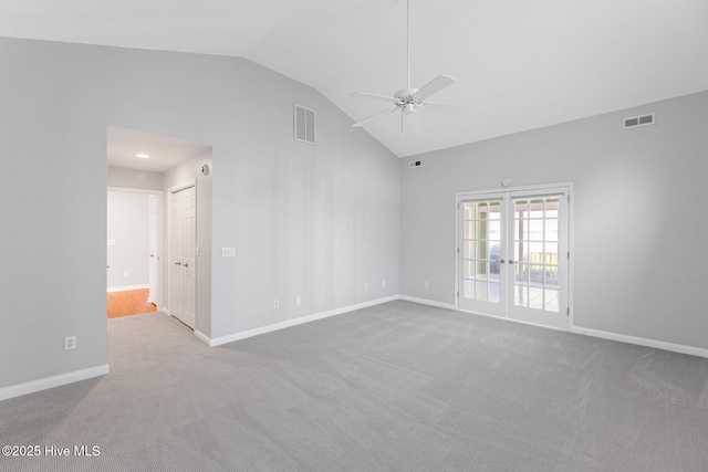 spare room featuring visible vents, ceiling fan, baseboards, and carpet floors