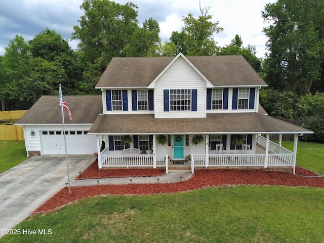 colonial house featuring a garage, covered porch, driveway, and roof with shingles