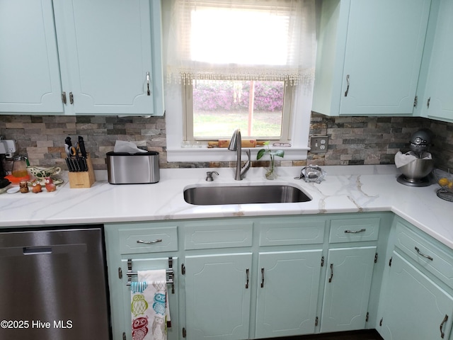 504 E S St, Fremont, NC 27830 - kitchen with dishwasher, a sink, light countertops, and decorative backsplash