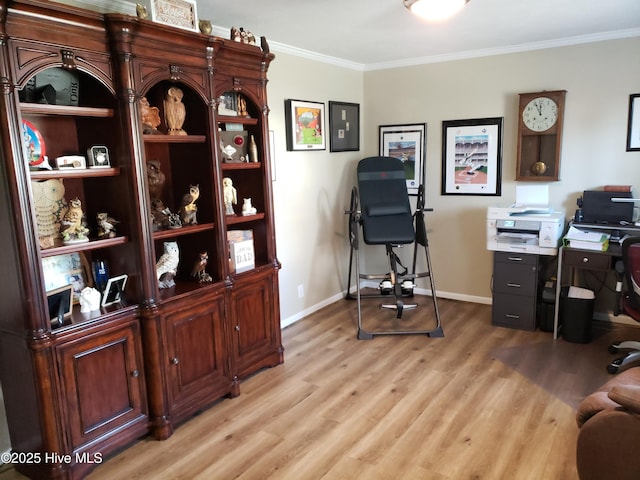 504 E S St, Fremont, NC 27830 - office area featuring baseboards, crown molding, and light wood-type flooring