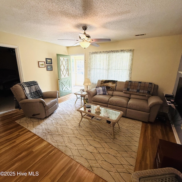501 Blackfoot Trl, Edenton, NC 27932 - living room with a textured ceiling, wood finished floors, visible vents, and a ceiling fan