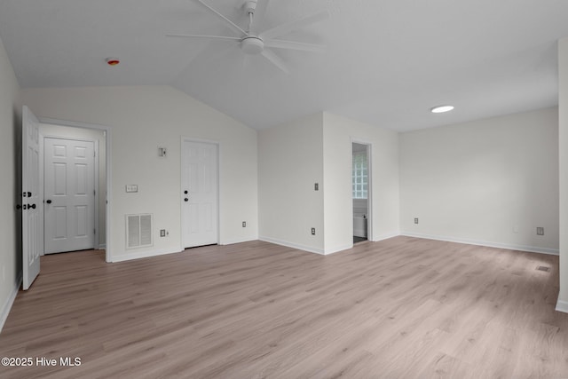 155 Patricia Ct, Whispering Pines, NC 28327 - empty room with a ceiling fan, light wood finished floors, baseboards, and lofted ceiling
