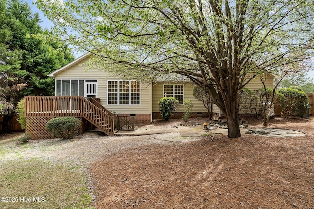155 Patricia Ct, Whispering Pines, NC 28327 - view of front of property featuring a sunroom, crawl space, and stairway