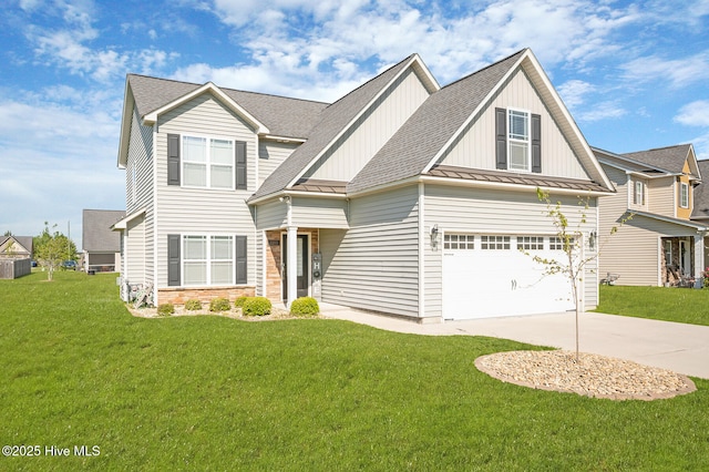 traditional-style home with a garage, concrete driveway, a front lawn, and a standing seam roof