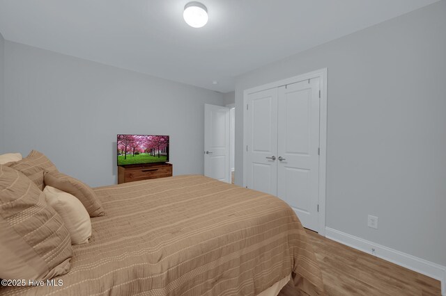 bedroom with baseboards, wood finished floors, and a closet