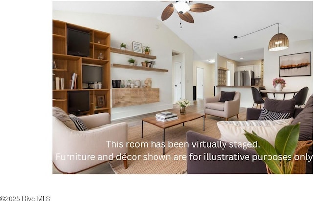 711 Glenarthur Dr, Wilmington, NC 28412 - living room with a ceiling fan, vaulted ceiling, and wood finished floors