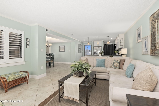 living room featuring a notable chandelier, visible vents, crown molding, and light tile patterned flooring