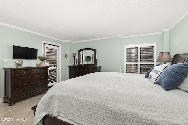 bedroom featuring crown molding, a textured ceiling, and light tile patterned floors