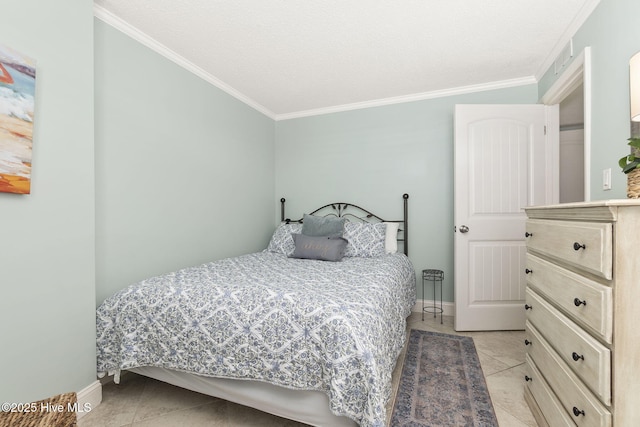 bedroom with light tile patterned floors, baseboards, and crown molding