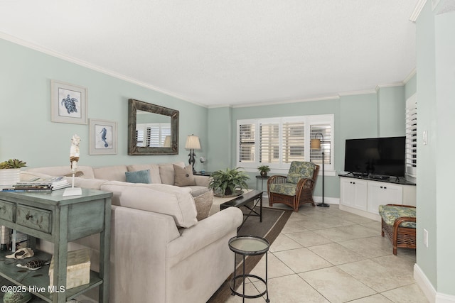 living room featuring crown molding, light tile patterned floors, baseboards, and a textured ceiling