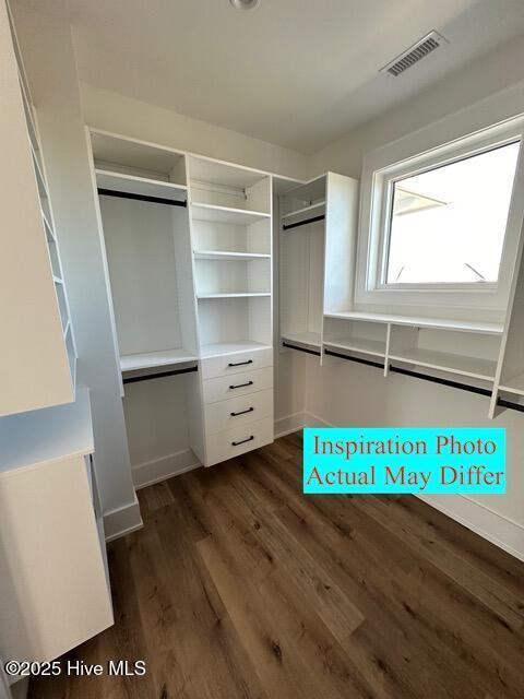 spacious closet with visible vents and dark wood-style floors