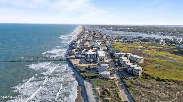 bird's eye view with a water view and a view of the beach