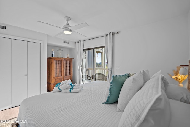 bedroom featuring ceiling fan, a closet, visible vents, and access to exterior
