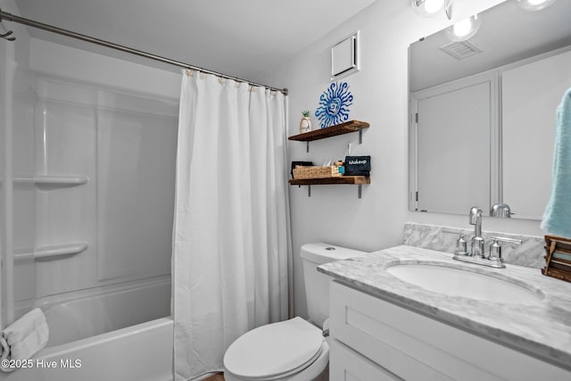 full bath with toilet, visible vents, vanity, and shower / tub combo with curtain