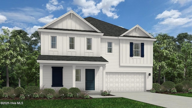 modern inspired farmhouse featuring concrete driveway, roof with shingles, board and batten siding, and a garage