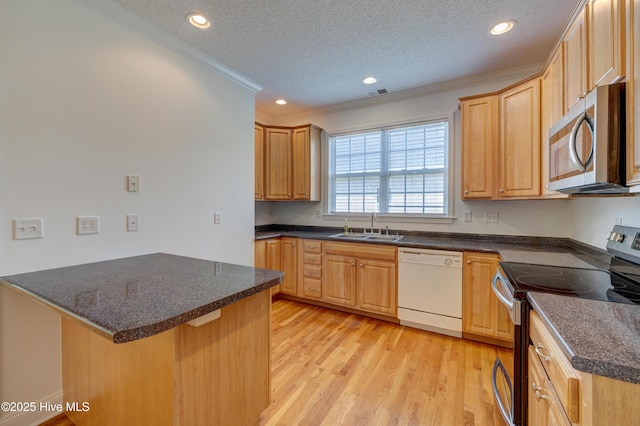1708 N County Dr, Castle Hayne, NC 28429 - kitchen featuring appliances with stainless steel finishes, a sink, a textured ceiling, ornamental molding, and light wood finished floors