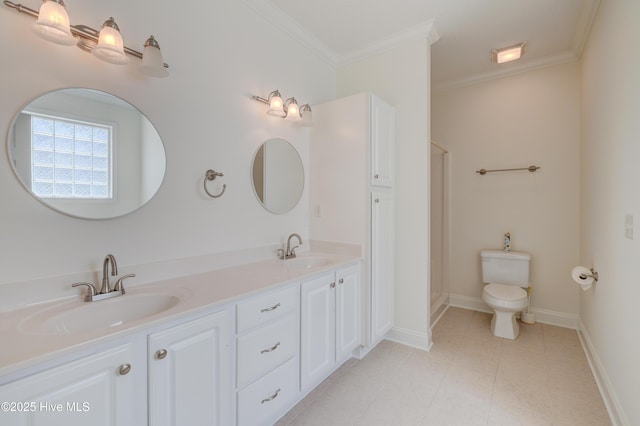 1708 N County Dr, Castle Hayne, NC 28429 - full bathroom with double vanity, ornamental molding, a shower, toilet, and baseboards