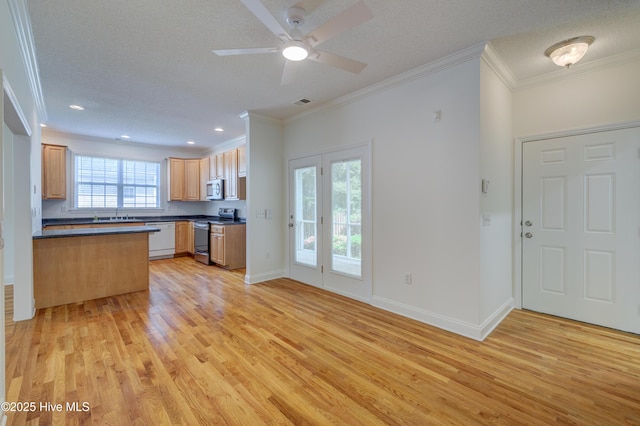 1708 N County Dr, Castle Hayne, NC 28429 - kitchen with appliances with stainless steel finishes, light wood-style flooring, dark countertops, ornamental molding, and a ceiling fan