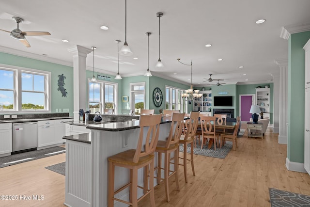 449 Maritime Pl, Pine Knoll Shores, NC 28512 - kitchen with dishwasher, a ceiling fan, ornamental molding, recessed lighting, and open floor plan