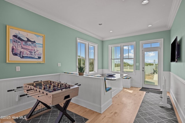 449 Maritime Pl, Pine Knoll Shores, NC 28512 - game room featuring a wainscoted wall, wood finished floors, ornamental molding, and recessed lighting